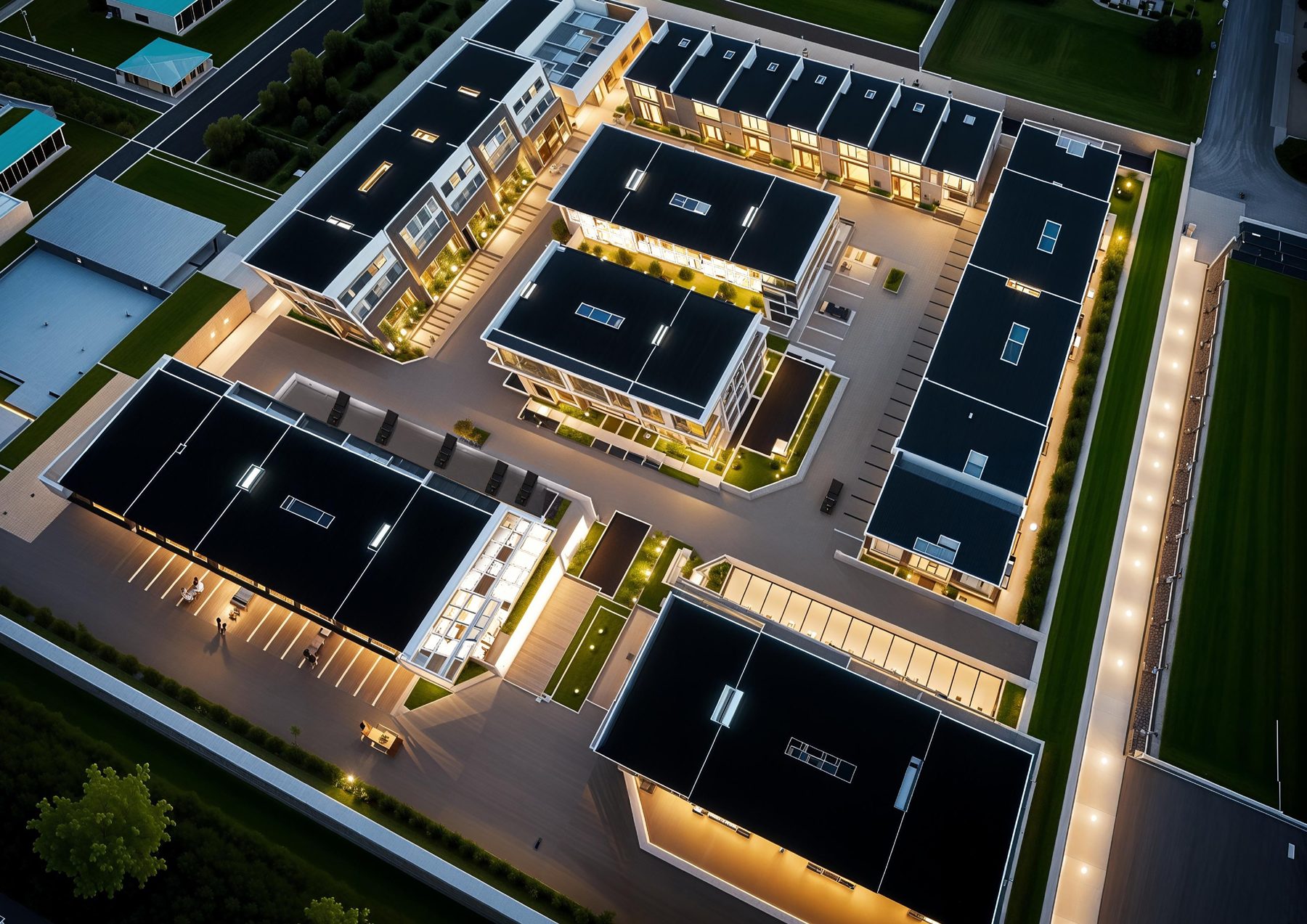 Aerial view of Citrus Gardens Estate illuminated at dusk