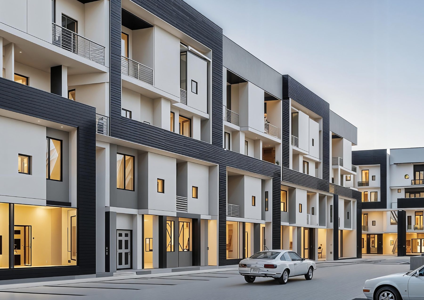 Terrace block facade at Citrus Gardens in the evening