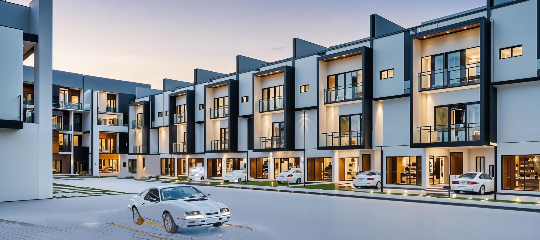 Terrace frontage at Citrus Gardens with parked vehicles at dusk